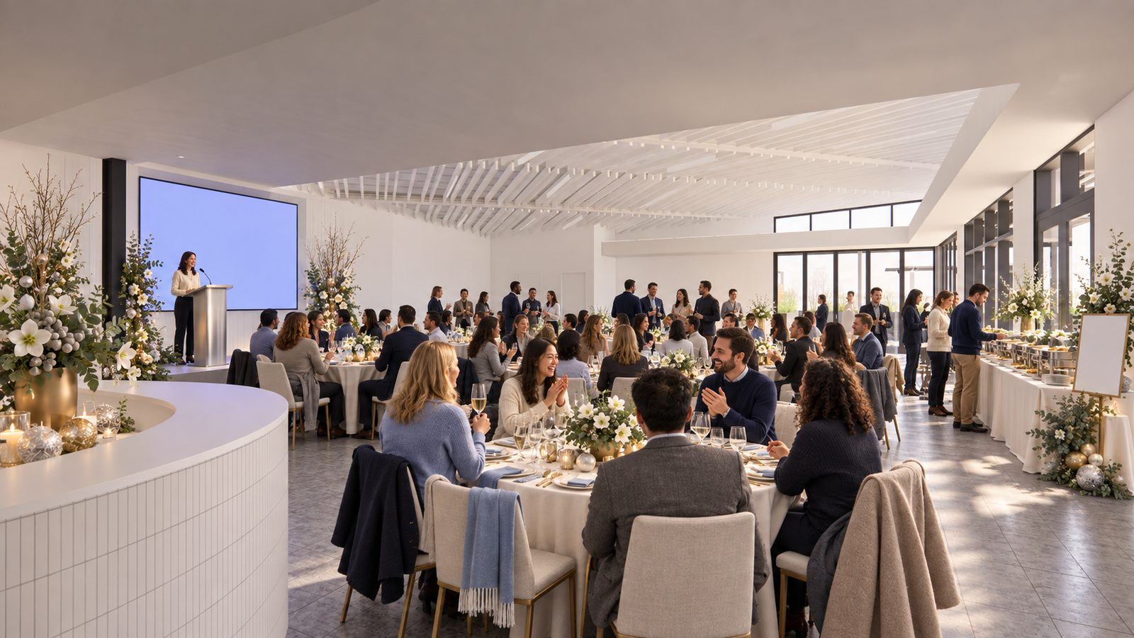 Daytime team holiday luncheon in the indoor room, winter light through the windows, long tables set in cream and evergreen.