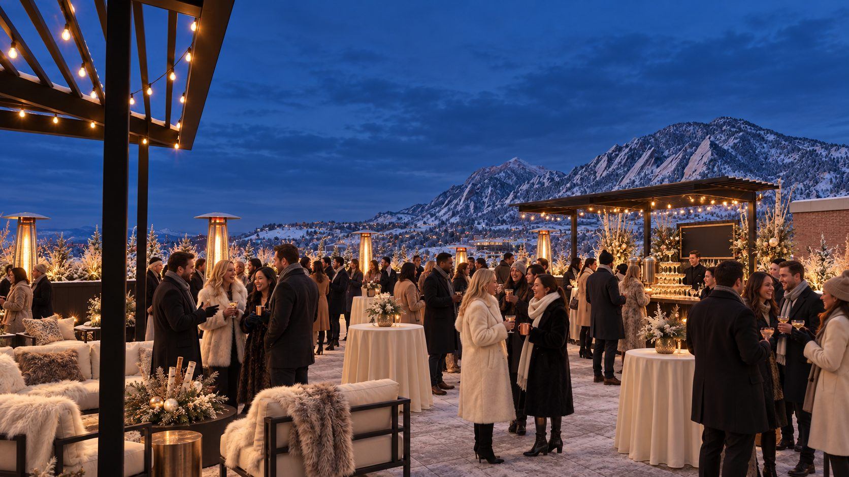 Rooftop holiday reception at dusk at VUE/boulder, snow on the Flatirons, patio heaters and string lights glowing, guests in winter coats at cocktail tables.
